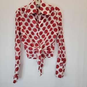 **Farinaz Taghavi White,Red Polka Dot Tie Front Top sz. 6